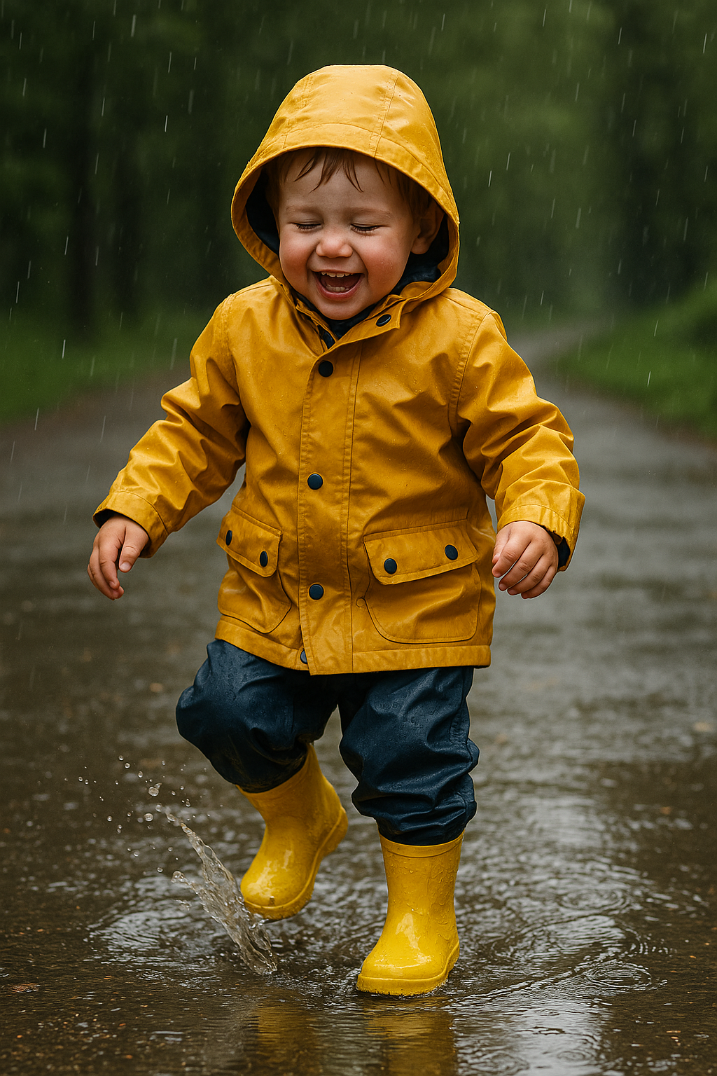 Barn i regntøj leger i let regn
