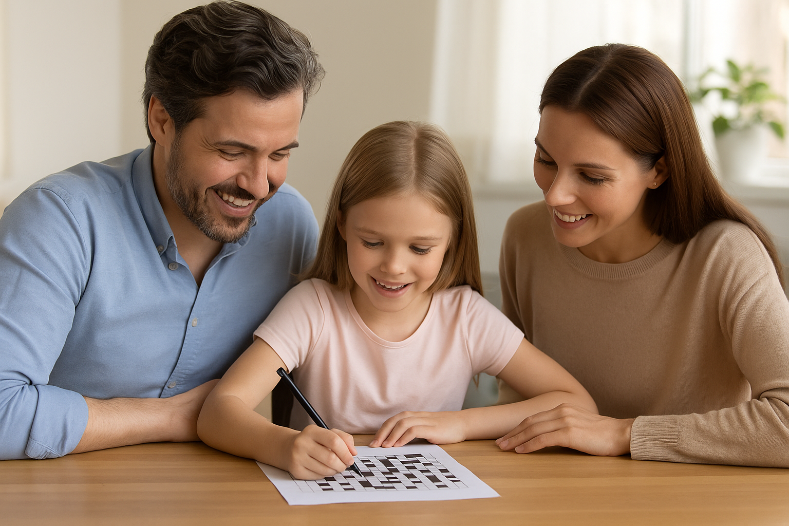 Familie løser krydsord sammen - forældre hjælper barn med krydsordsgåde